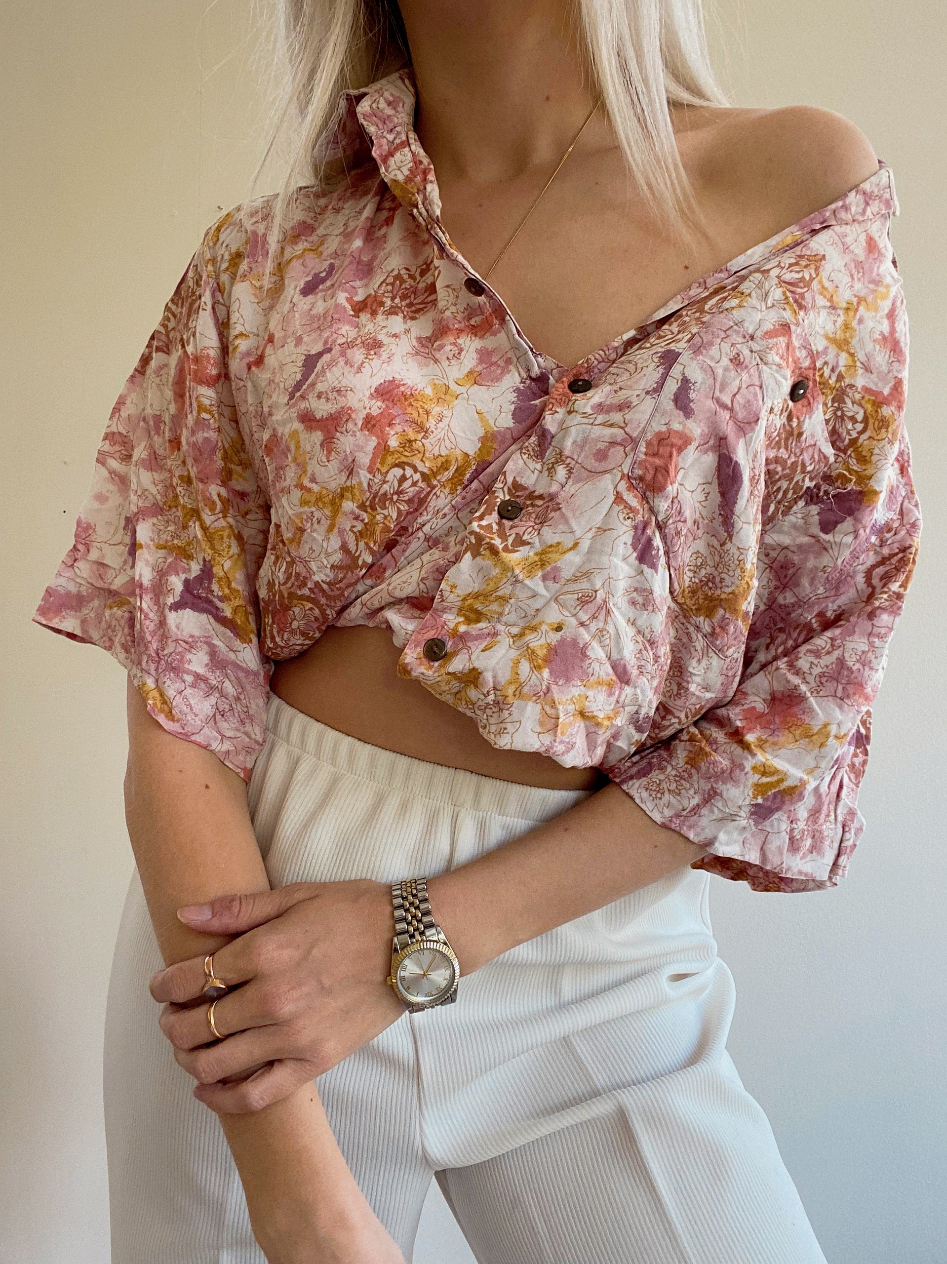 Chemise Vintage 80/90s à motifs fleuris roses et oranges
