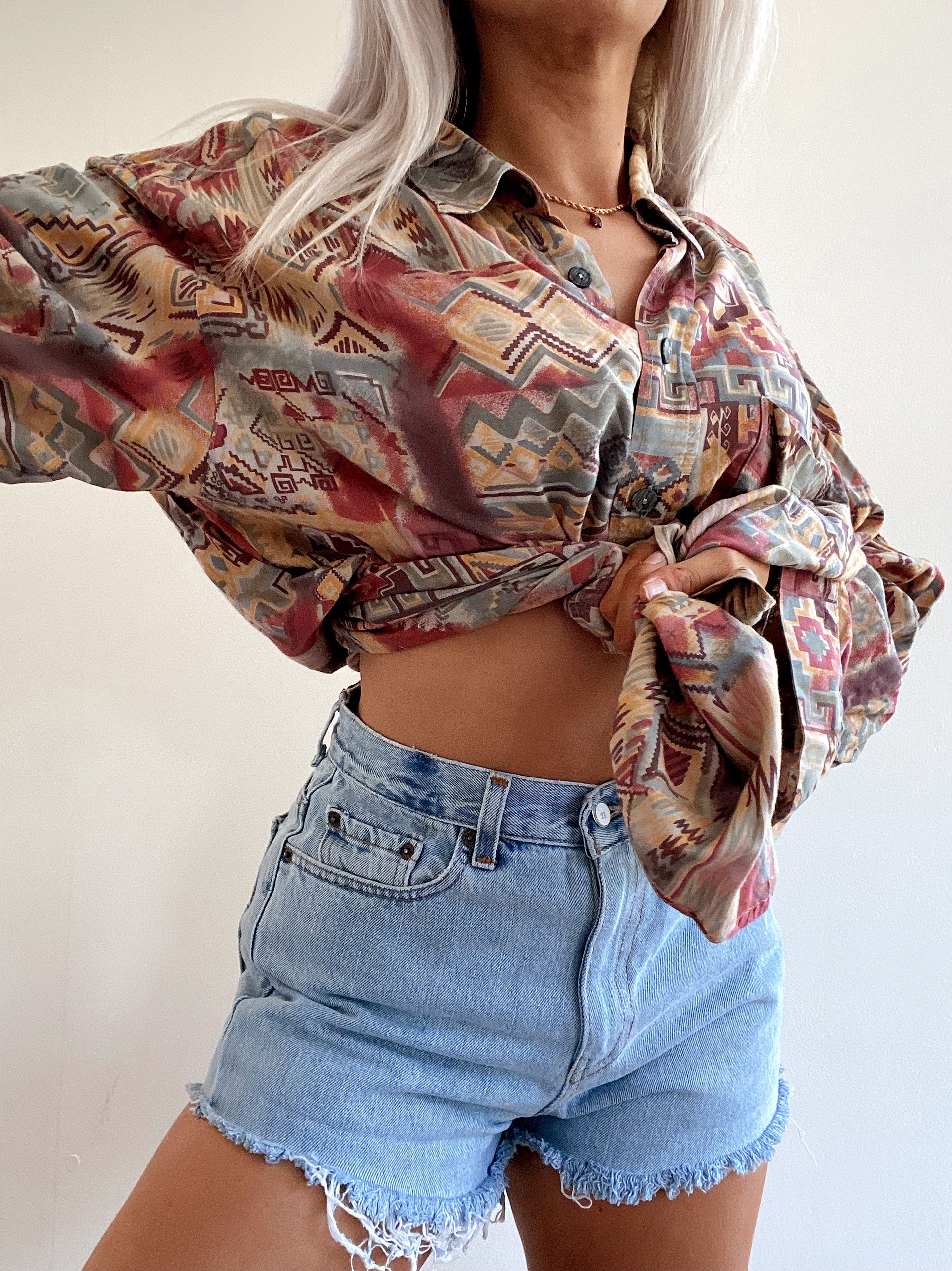 Chemise Vintage 80/90s marron et rouge à motifs