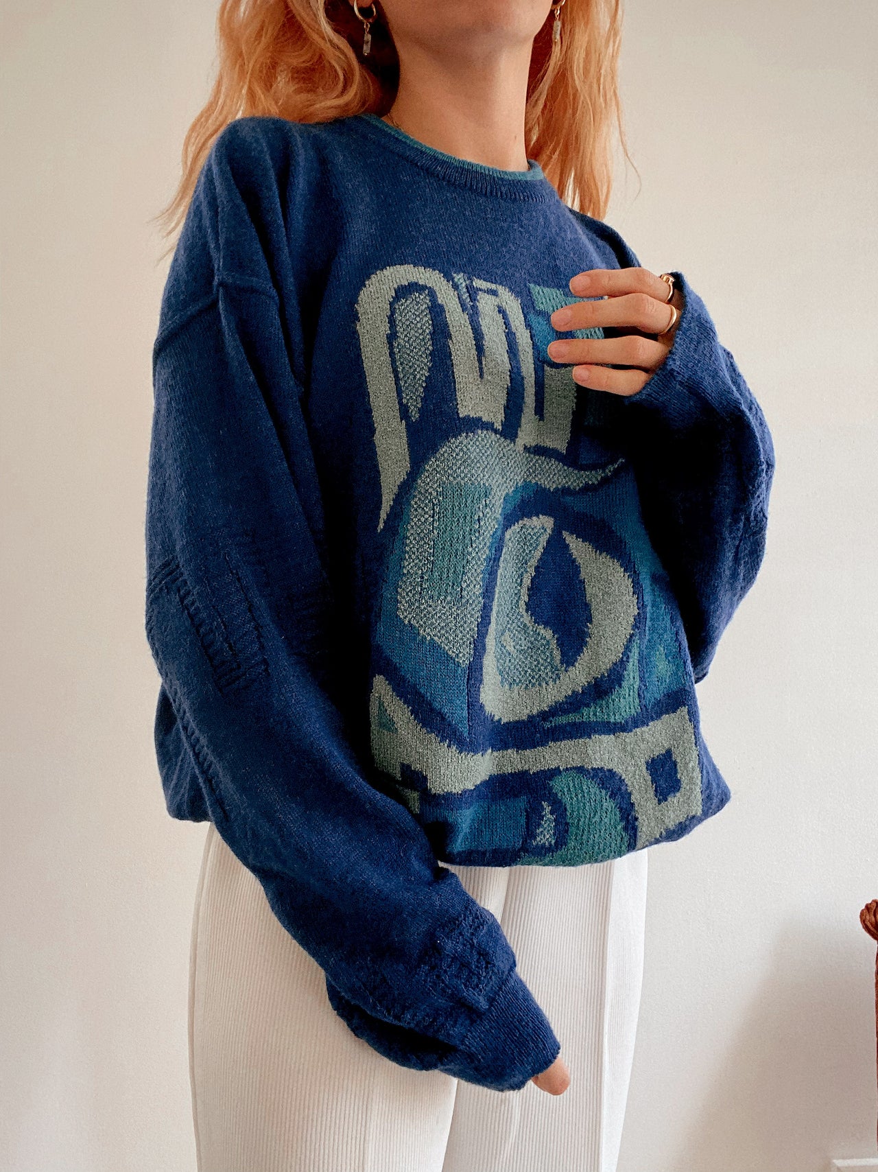 Pull vintage en laine bleu L