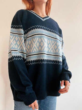 Pull vintage en laine  bleu foncé et bleu clair L