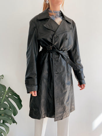 Trench en cuir mi-long noir Double boutonnage L