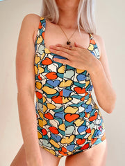 Vintage one-piece multicolored swimsuit with heart patterns M