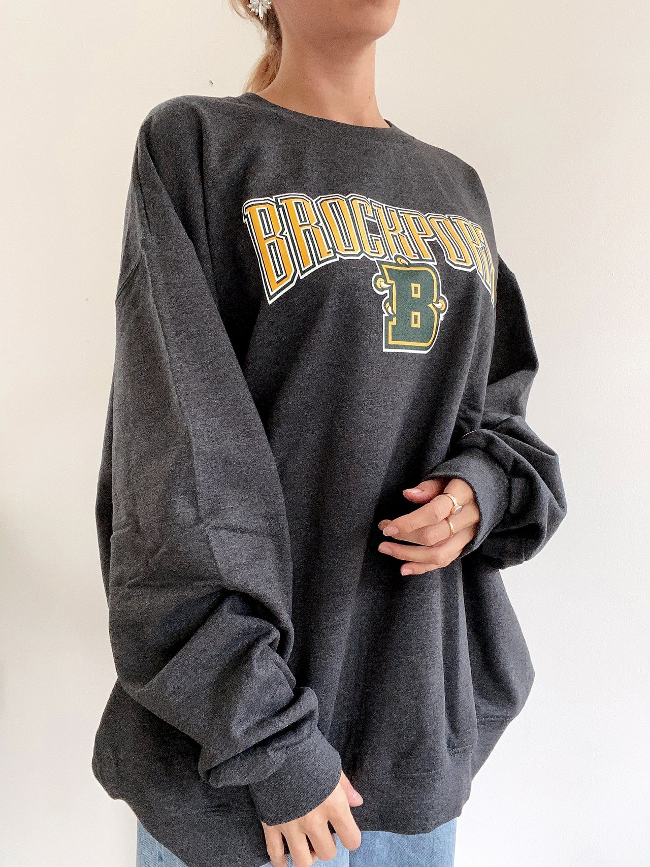 Pull vintage américain gris foncé et jaune Champion 3XL