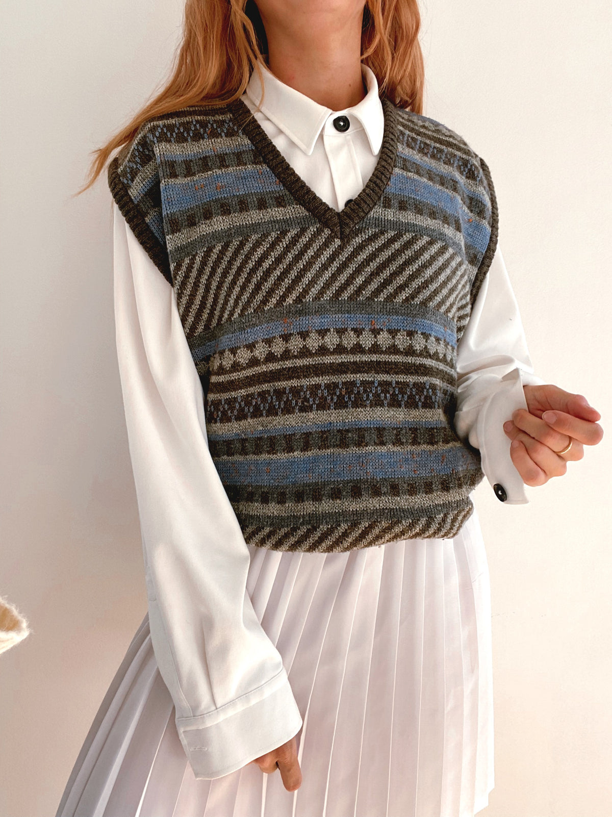 Gilet vintage sans manche en laine gris et bleu L