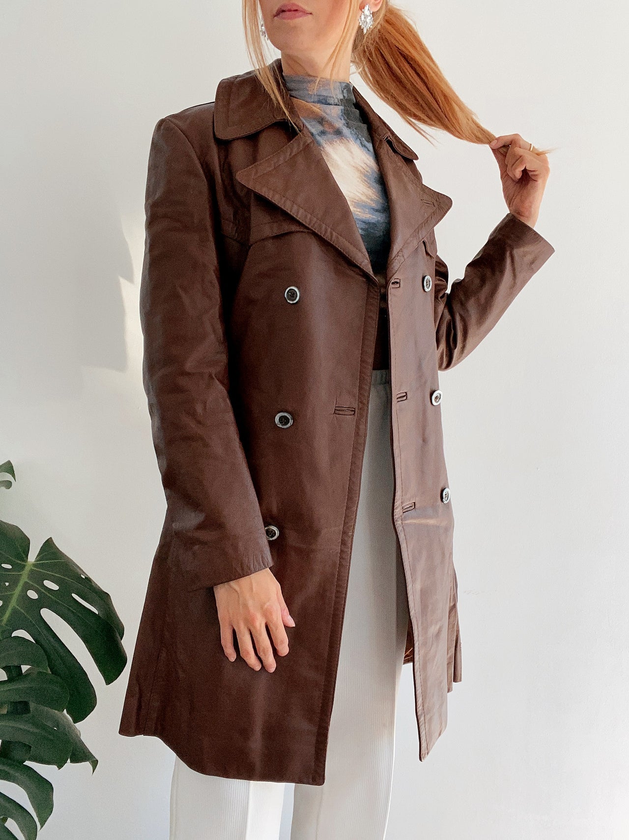 Trench en cuir mi-long marron M/L