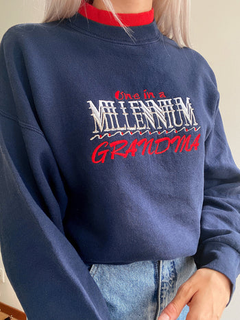 Vintage elektrischer blauer Musiknotenpullover XXL