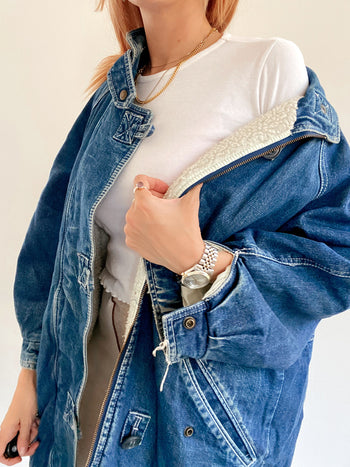 Veste en jeans vintage mi-longue oversized intérieur mouton M