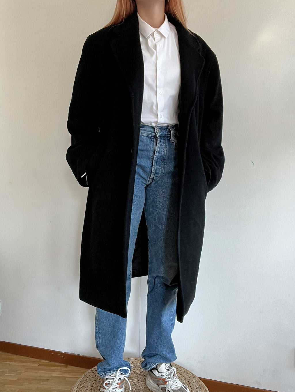 Schwarzer Vintage Wollmantel L