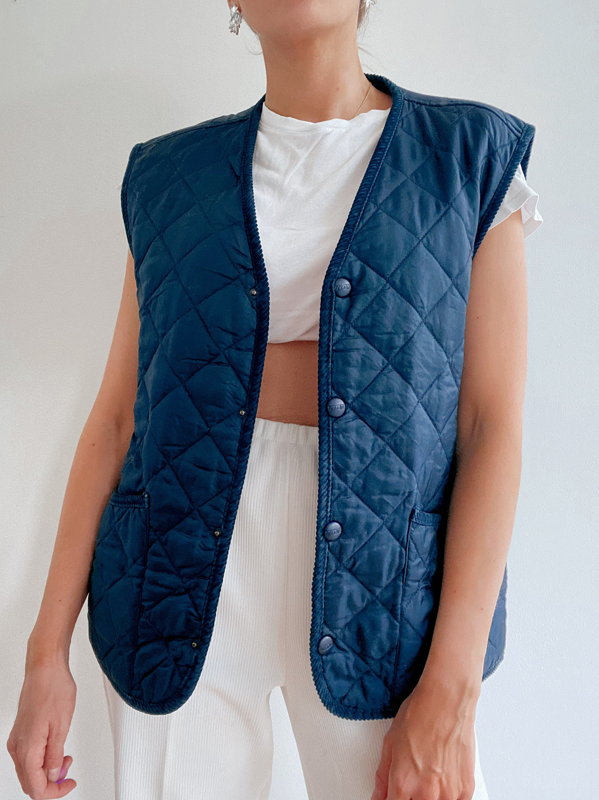 Gilet vintage sans manches matelassé bleu foncé  L