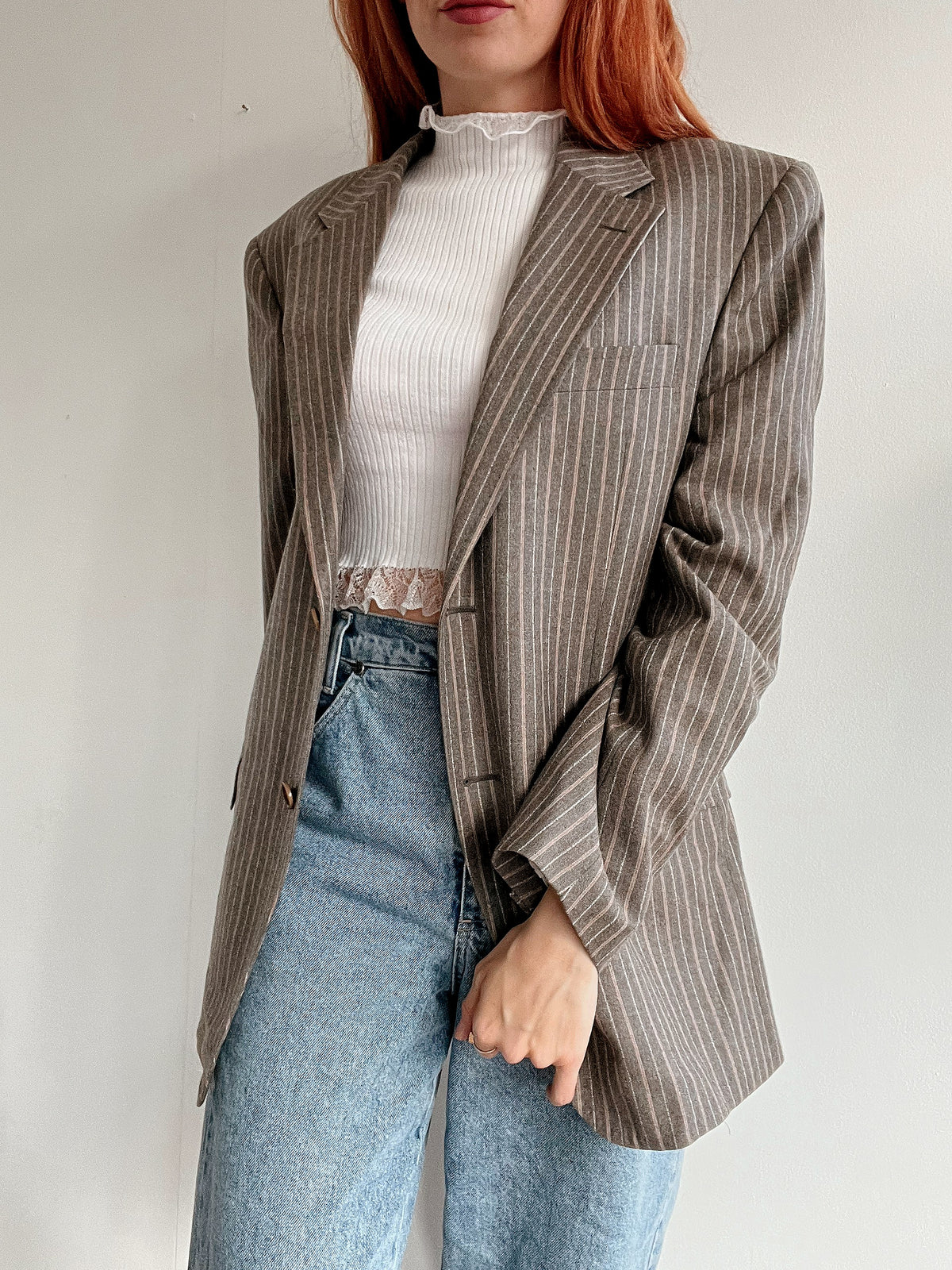Veste blazer épaisse vintage taupe lignée M/L