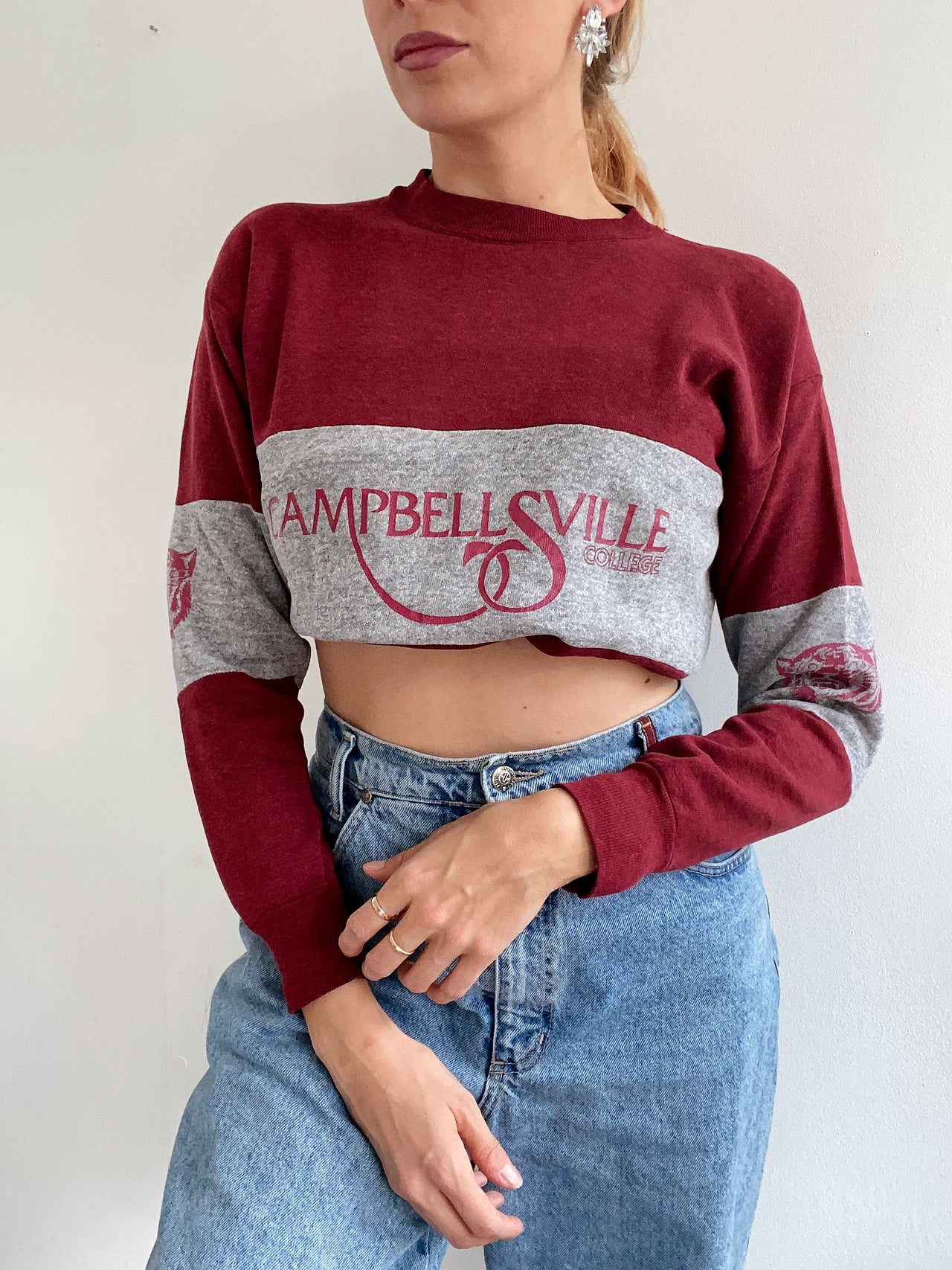 Pull vintage américain bordeaux et gris S