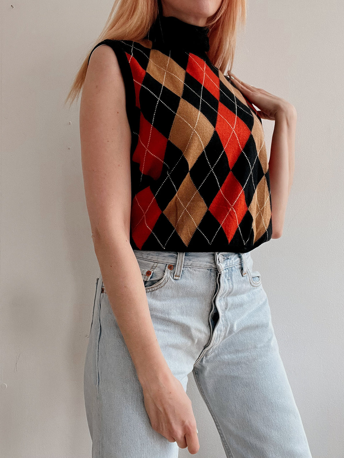 Gilet vintage sans manche en maille noir et orange S