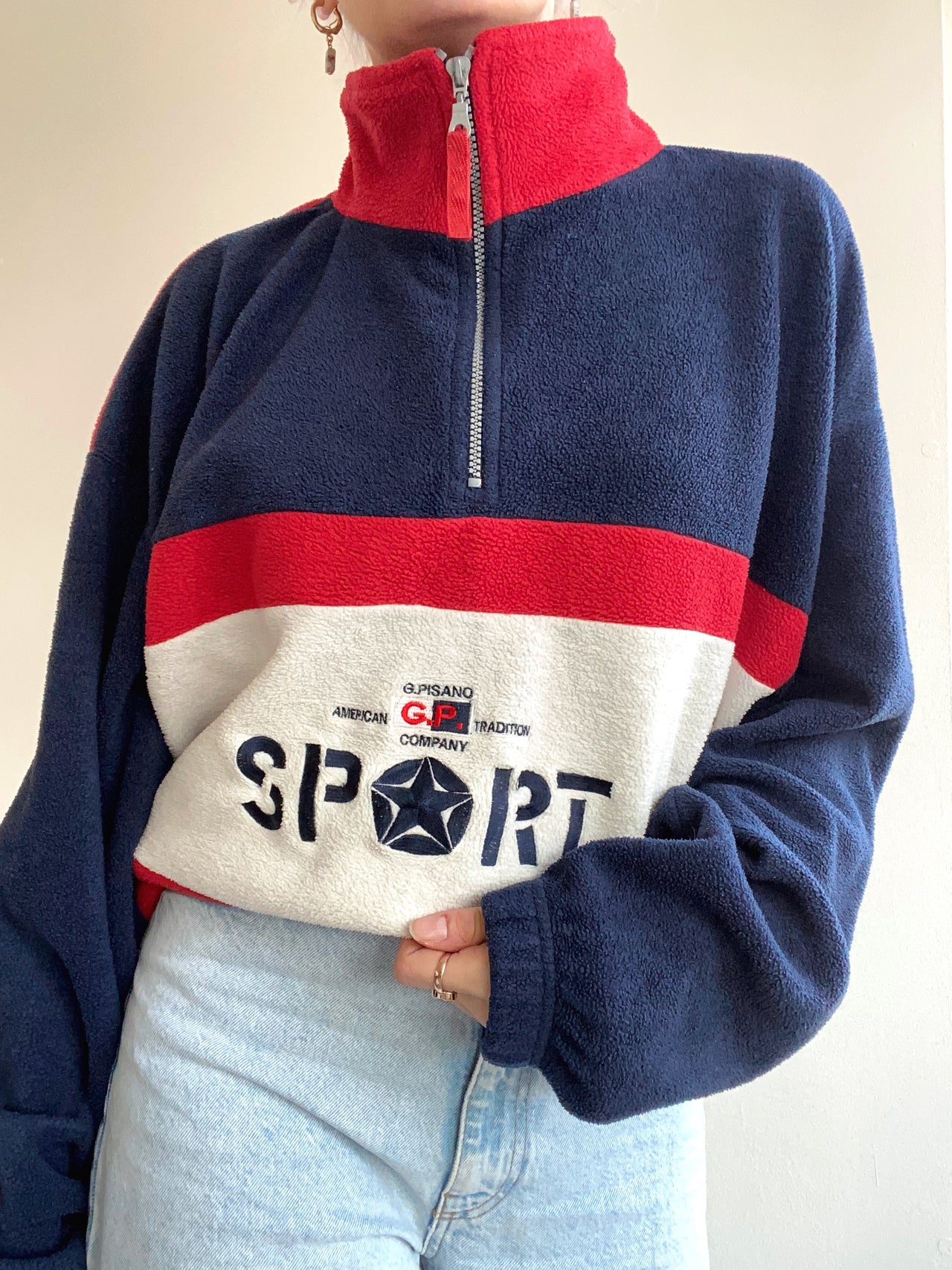 Polaire vintage bleue foncée/rouge USA Sport XXL