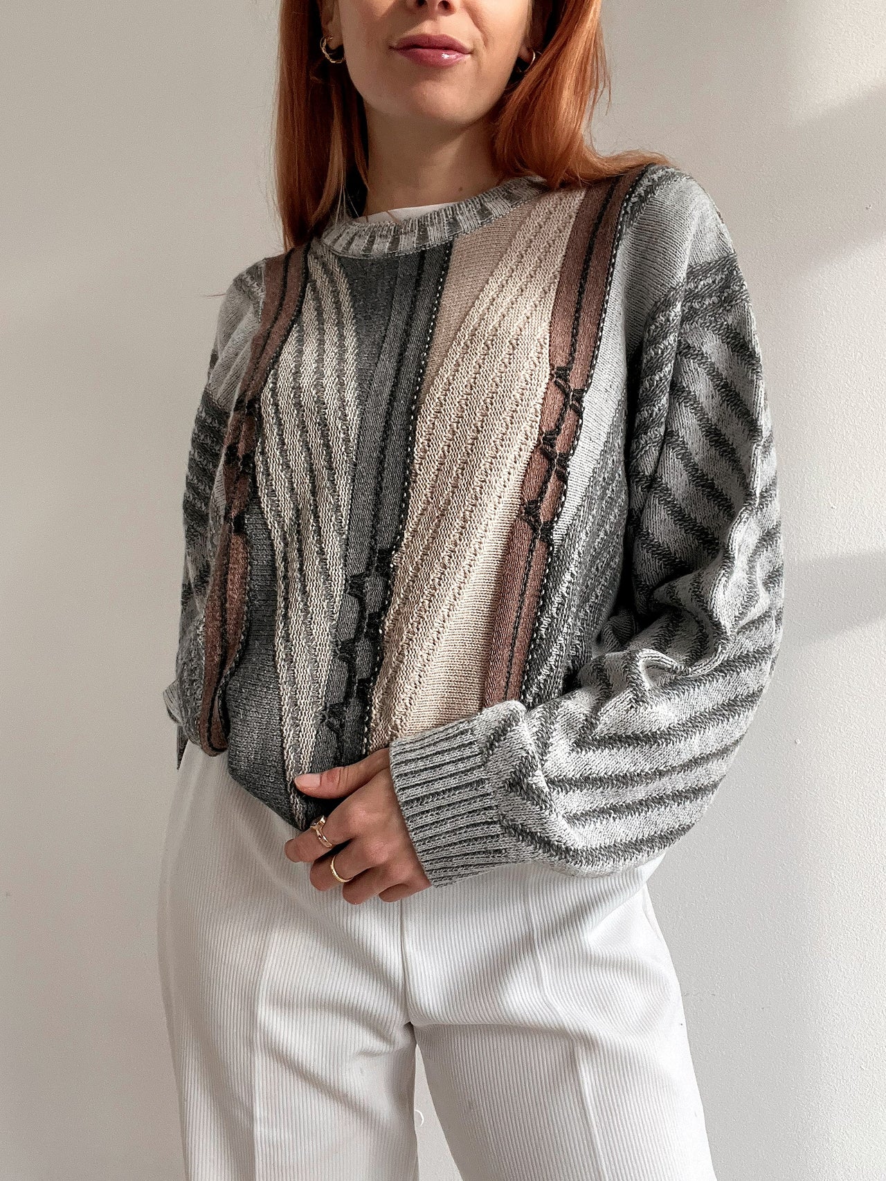 Pull vintage en laine gris et beige  M