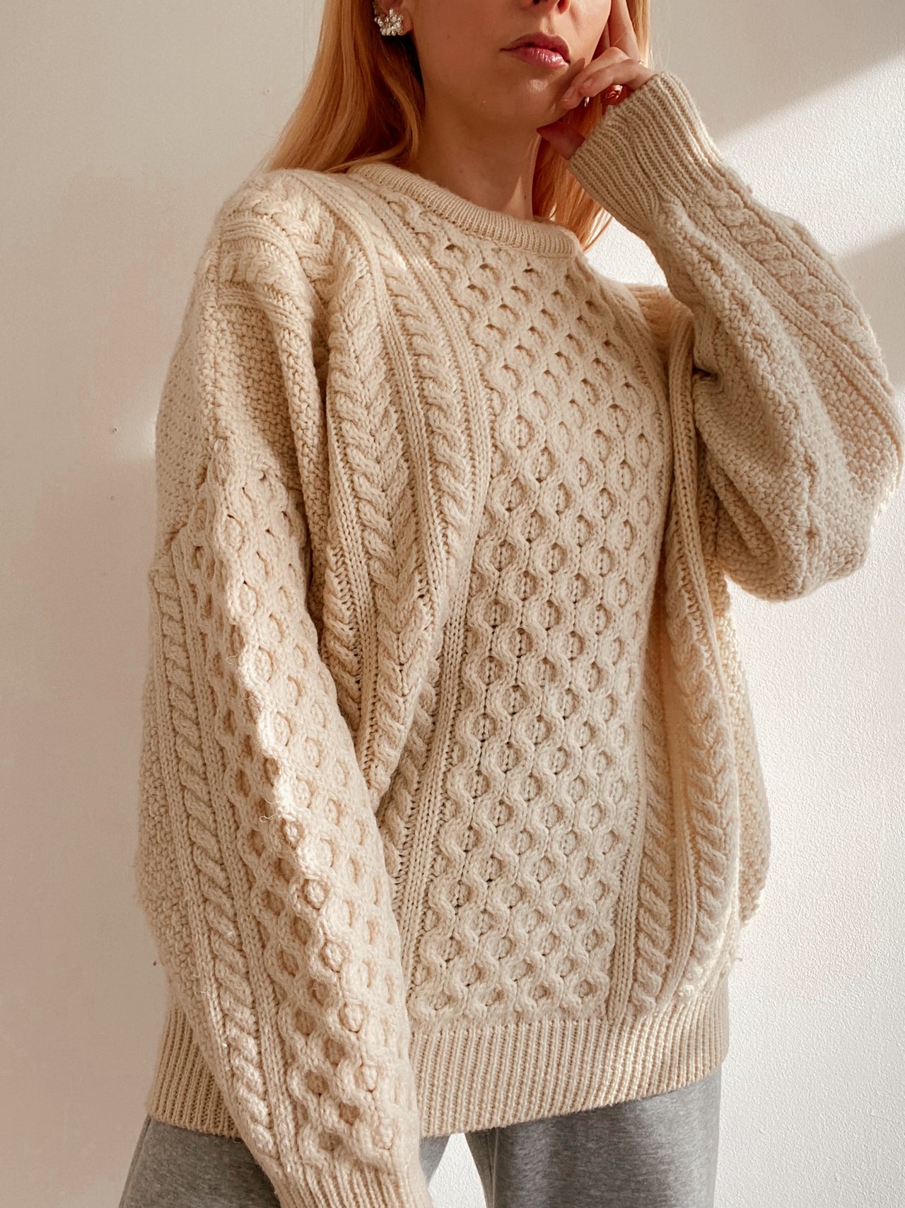 Pull vintage en laine blanc cassé XL