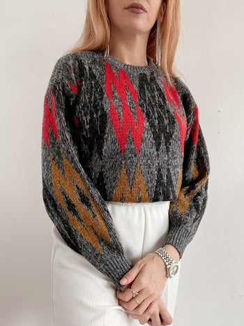 Pull vintage en laine gris et rouge M