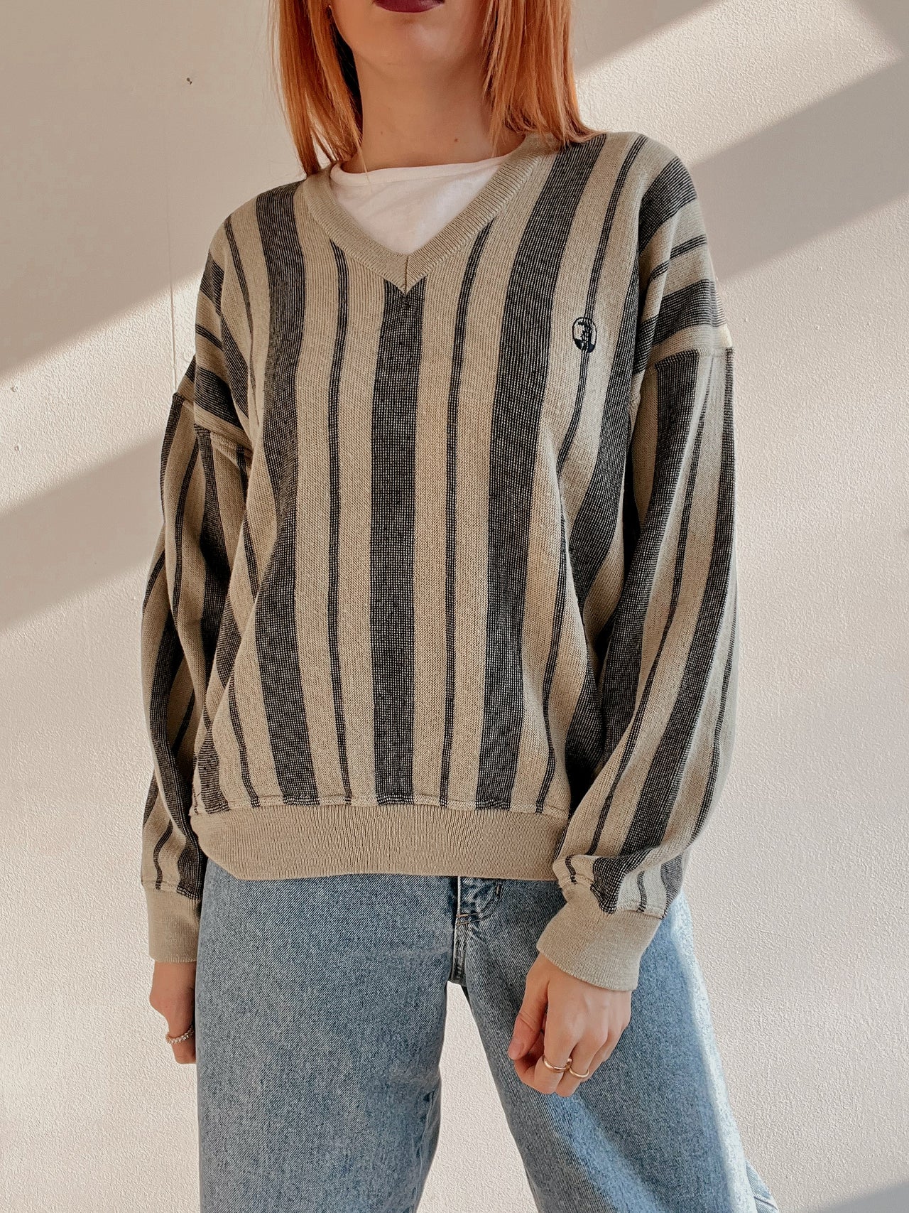 Pull vintage en laine gris et blanc cassé  M