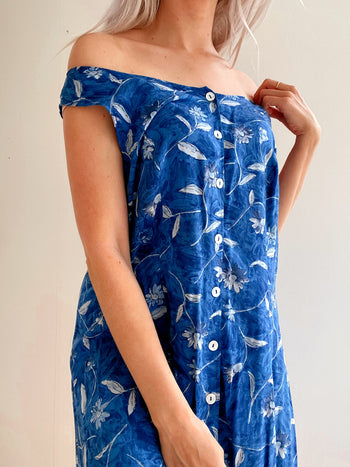 Robe Vintage bleue à fleurs L