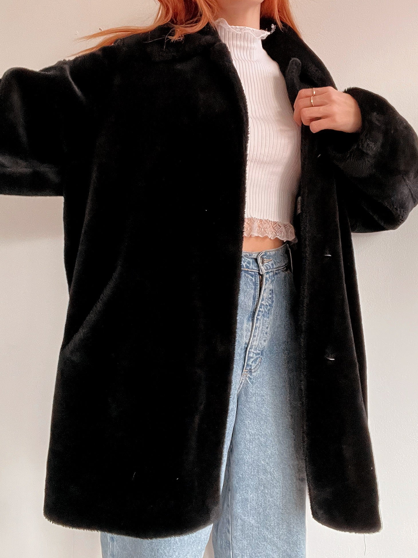 Vintage schwarzer Kunstpelzmantel M/L