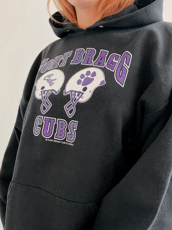 Pull vintage américain à capuche noir et violet XXL