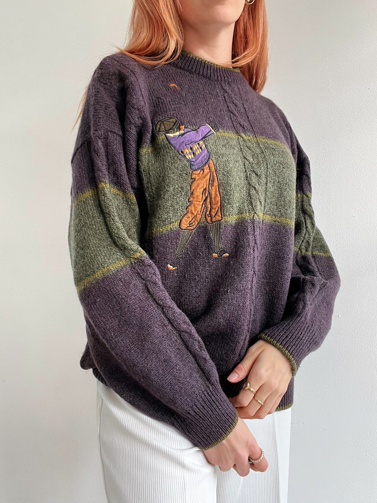 Pull vintage en laine violet foncé  et khaki M/L