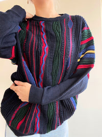 Pull vintage en maille bleu foncé à motifs colorés