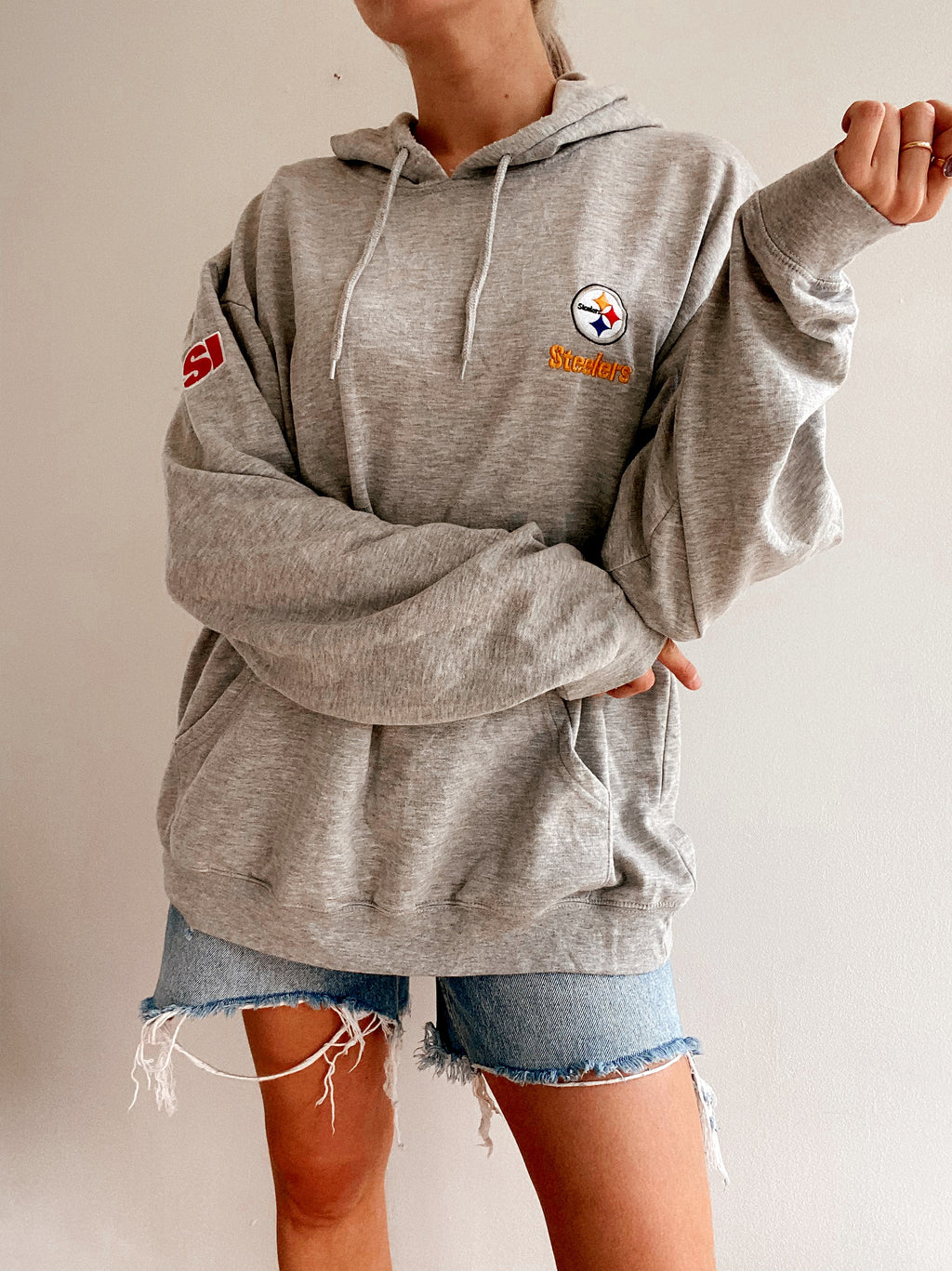 Pull oversized vintage à capuche gris en coton fin