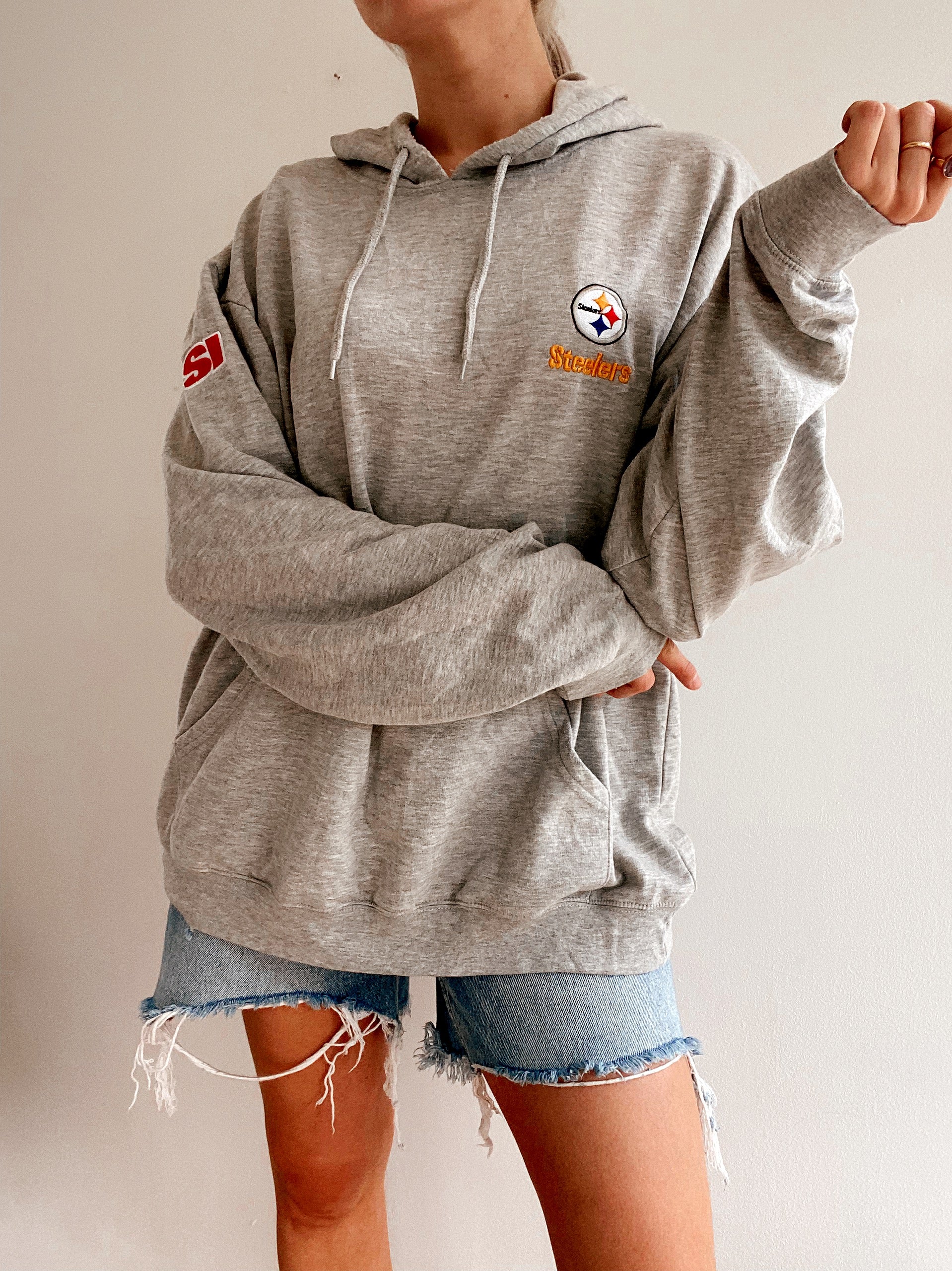 Pull oversized vintage à capuche gris en coton fin
