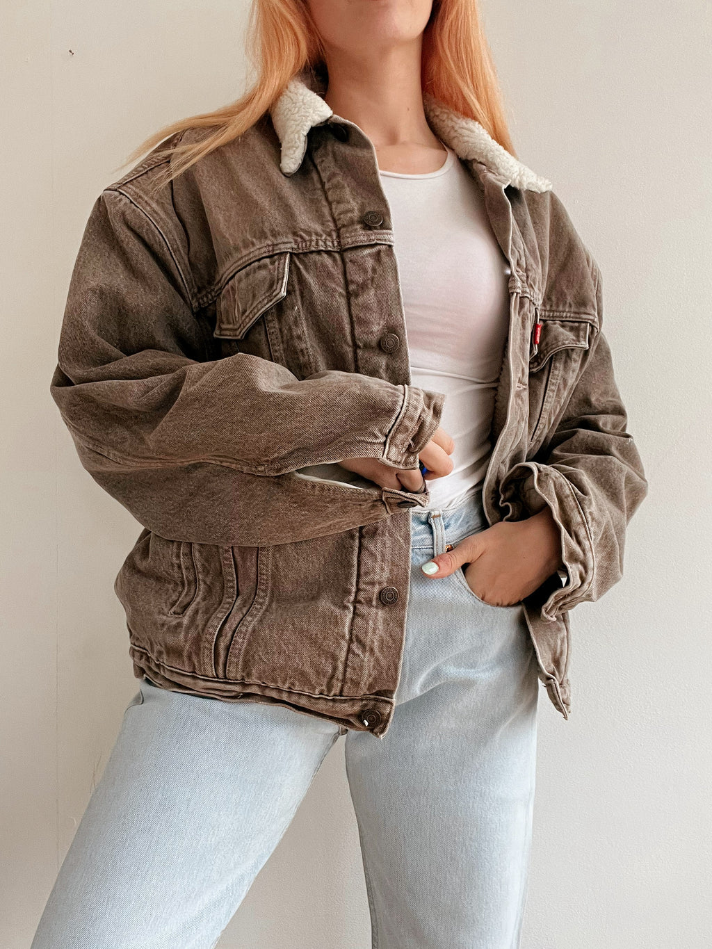 Veste en jeans vintage taupe avec intérieur mouton Levi’s XL