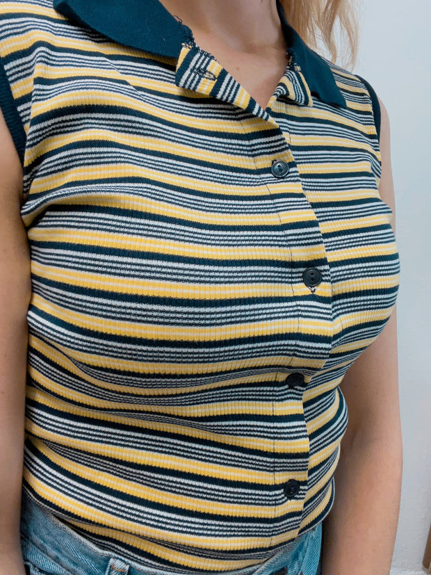 Top vintage rayé jaune et bleu foncé S