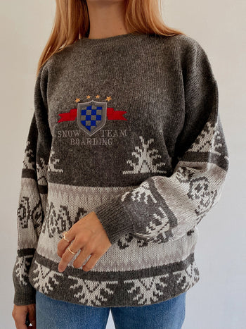 Pull vintage en laine Gris et rouge M