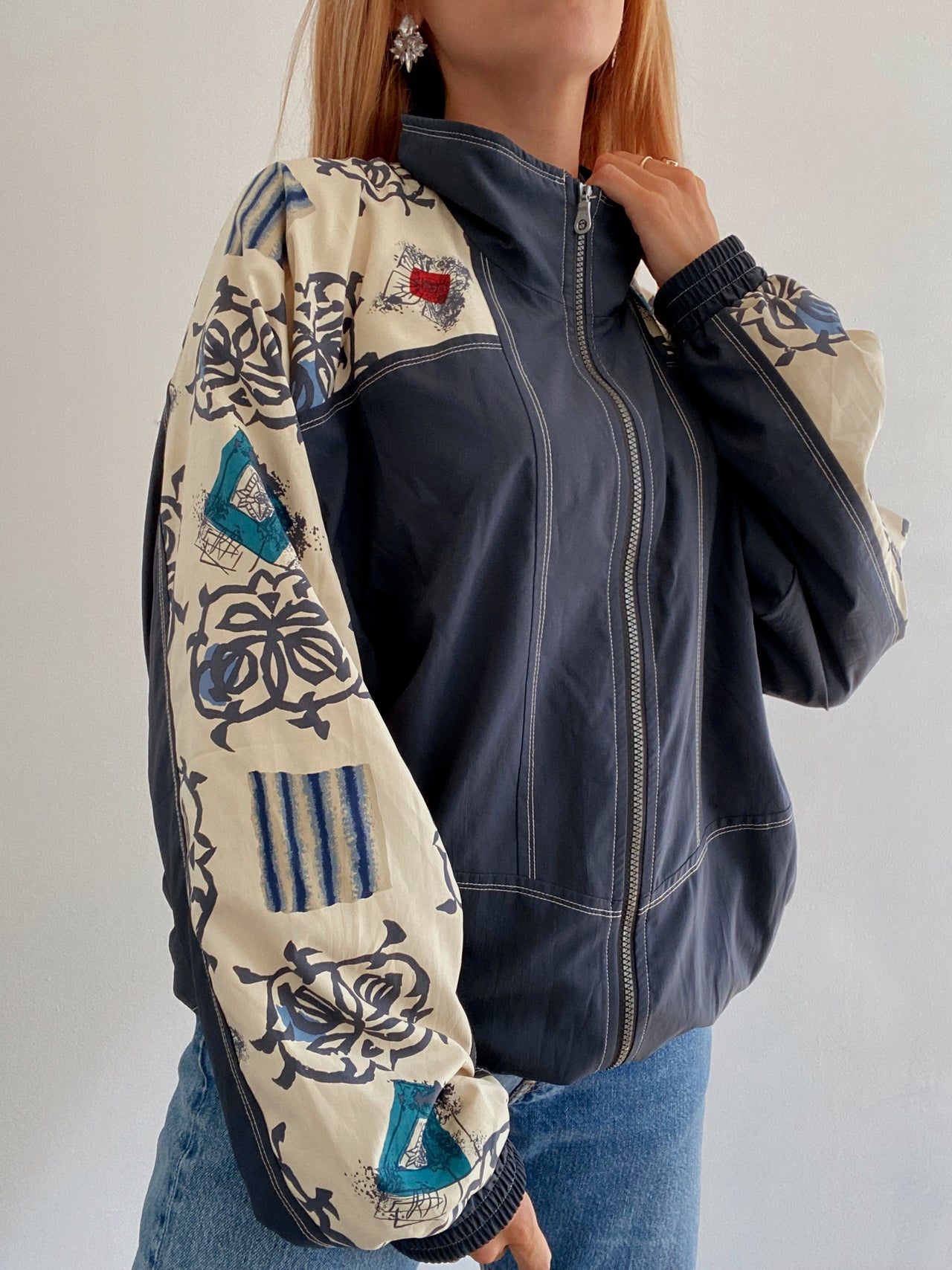 Veste vintage bleu foncée et beige à motifs L/XL