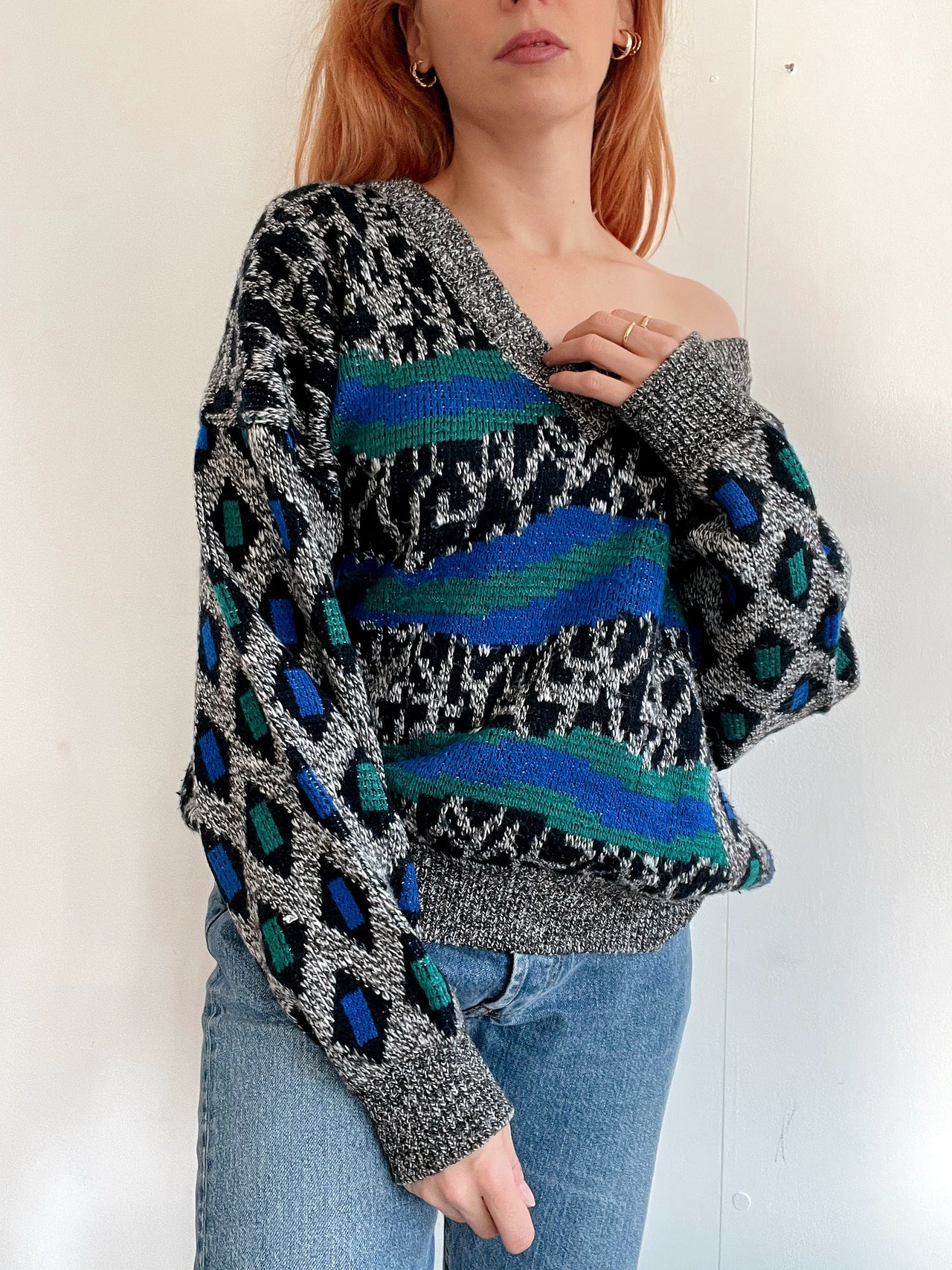 Pull vintage en laine gris, vert, bleu L