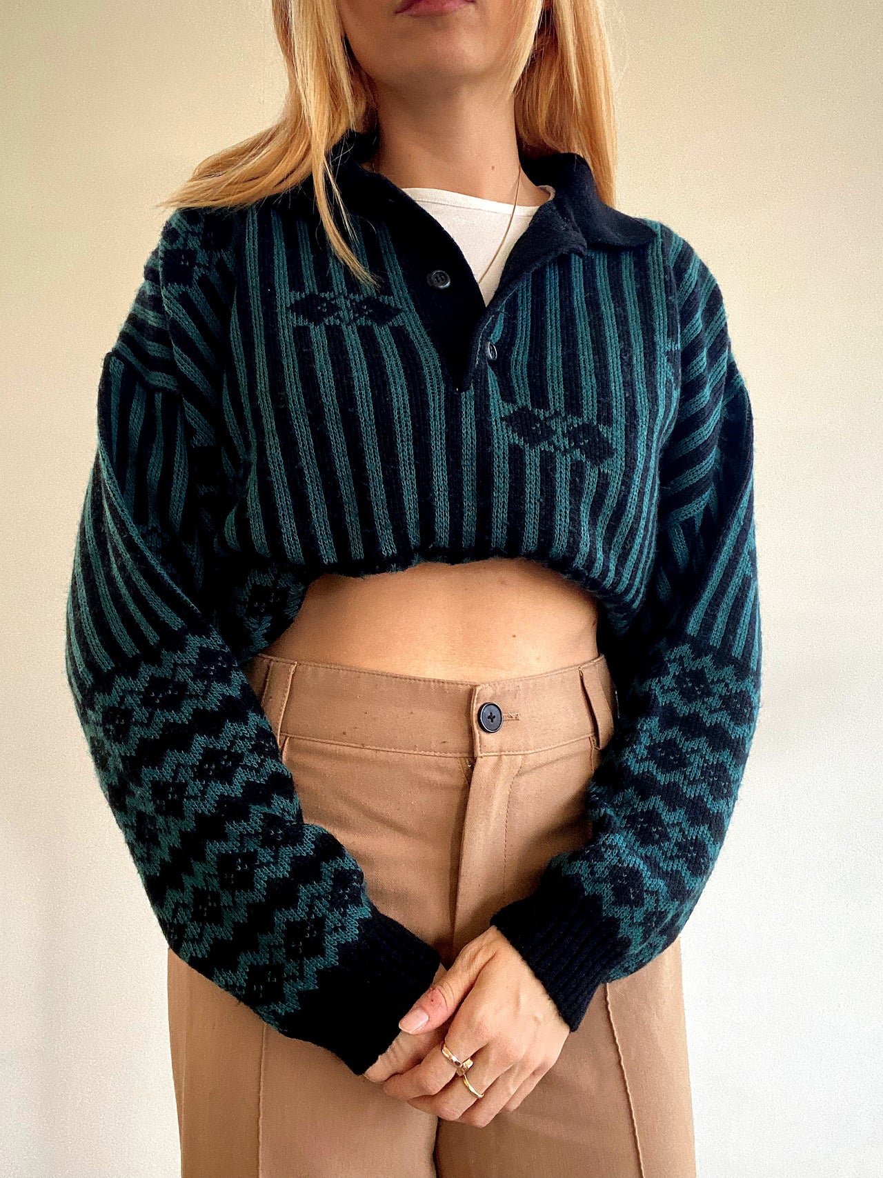 Pull vintage en laine vert et noir