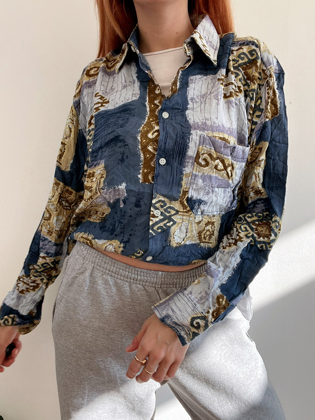 Chemise Vintage 80/90s bleue foncée  à motifs XL