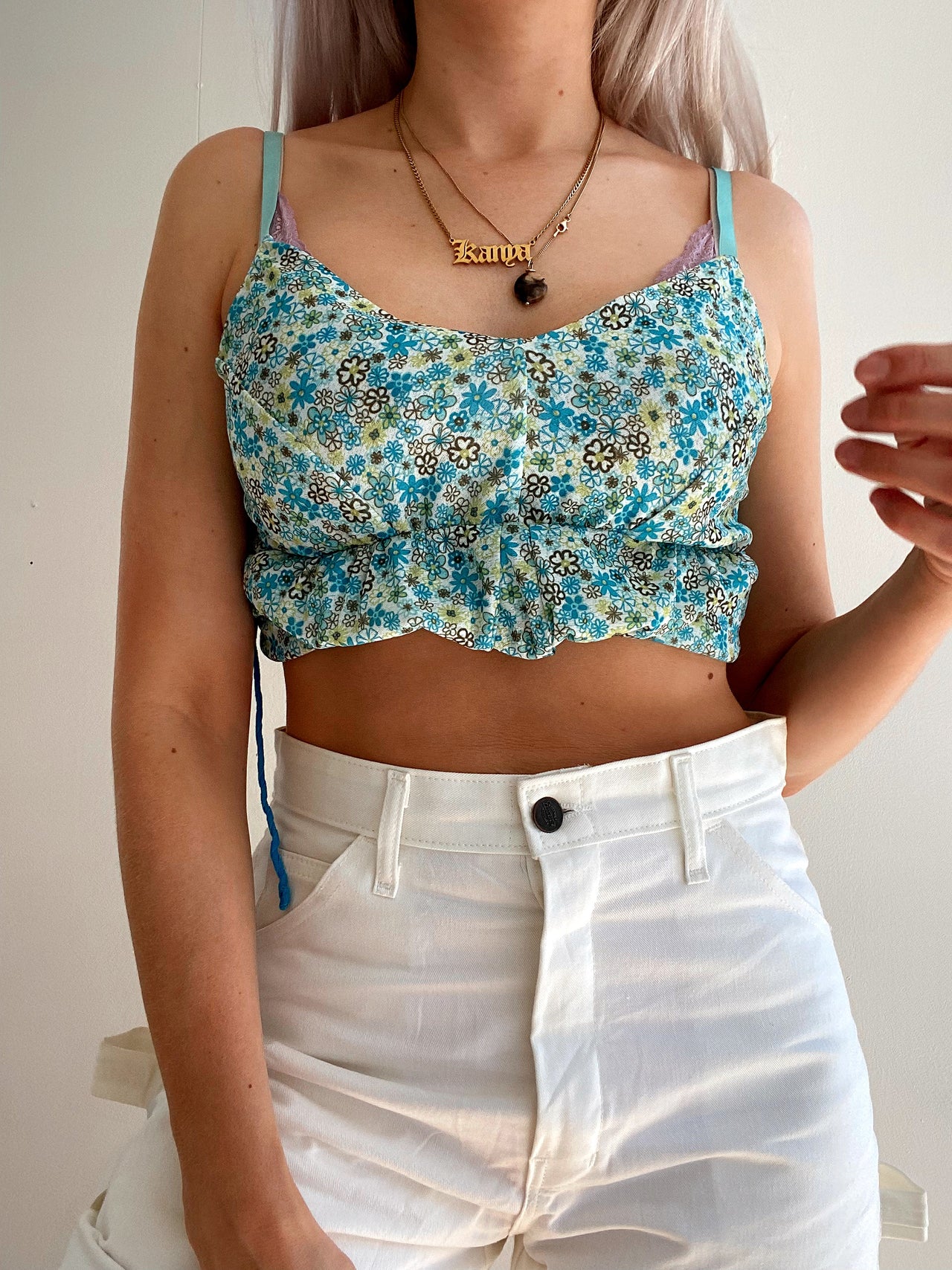 Top Vintage 80/90s turquoise à fleurs M