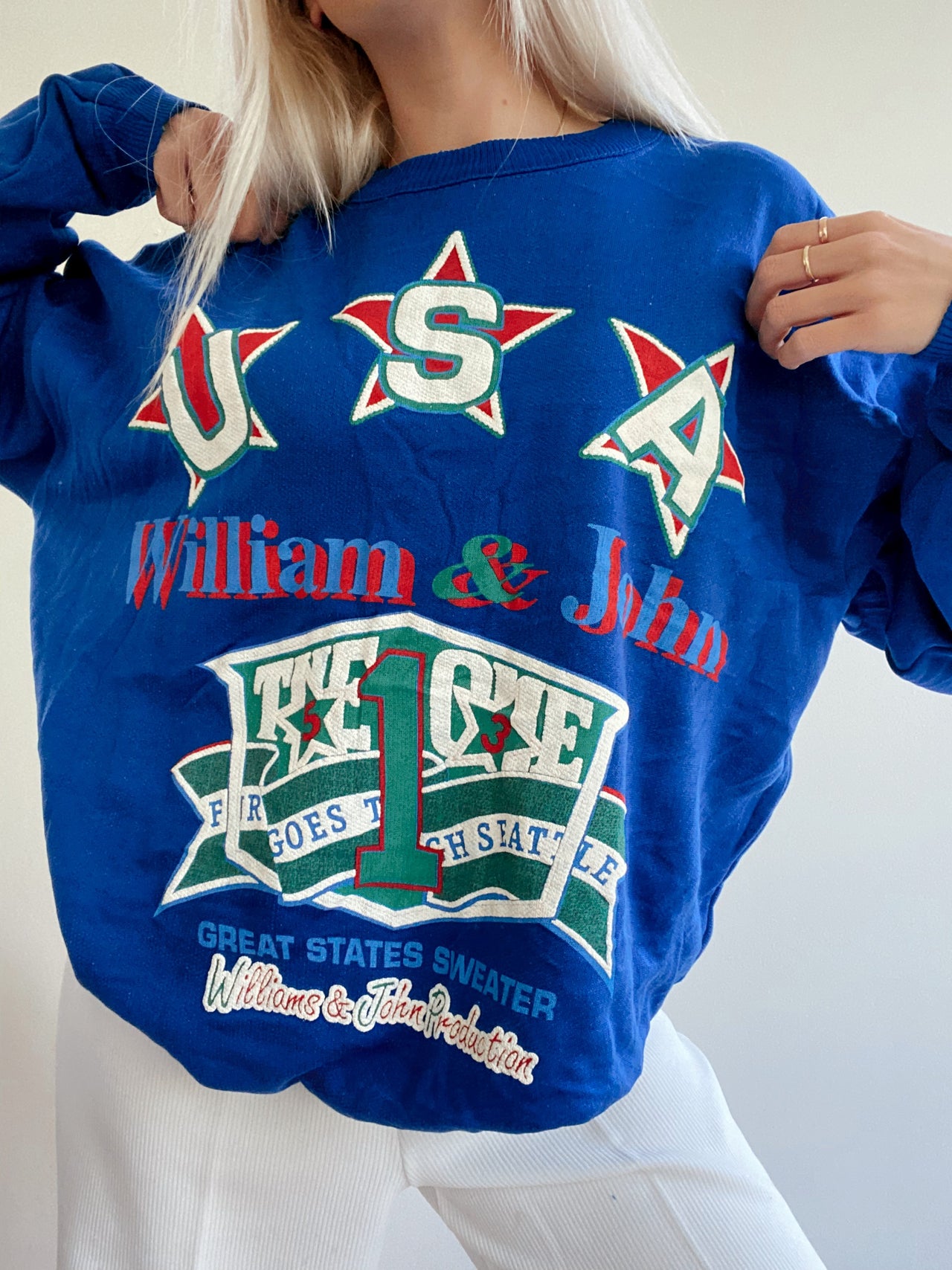 Pull USA vintage bleu et rouge XL