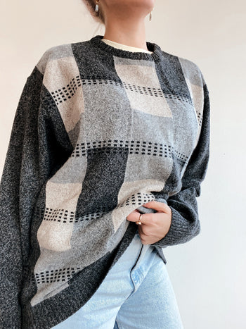 Blue knit turtleneck sweater with beige patterns M