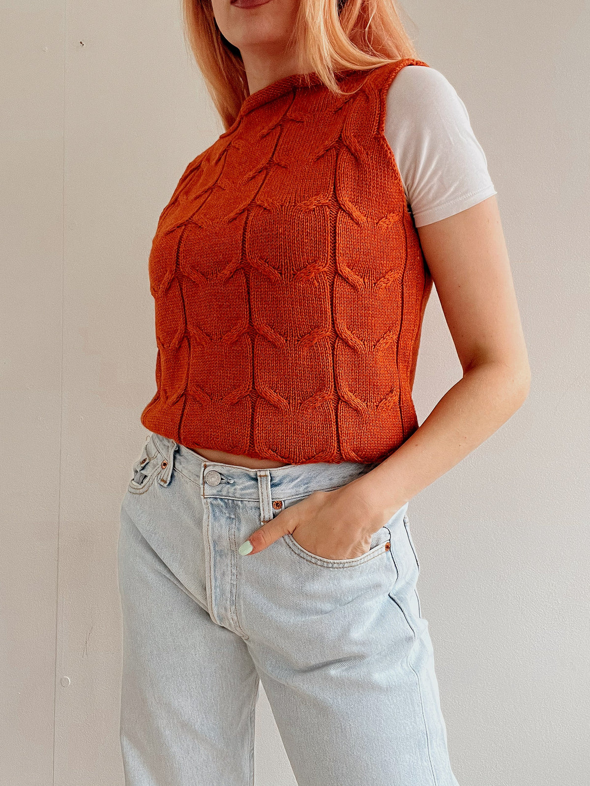 Gilet vintage sans manche en maille orange M