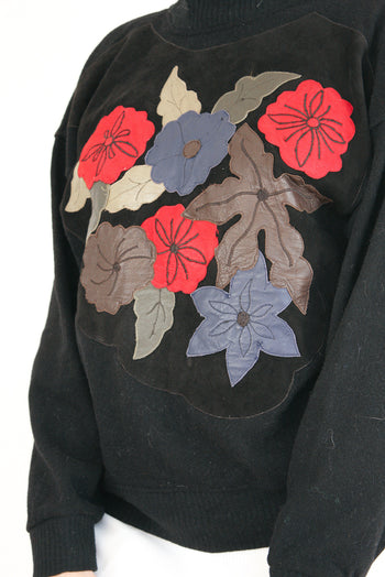 Pull noir en velours à motifs fleurs en cuir M