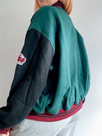 Bomber vintage en laine vert foncé et noir