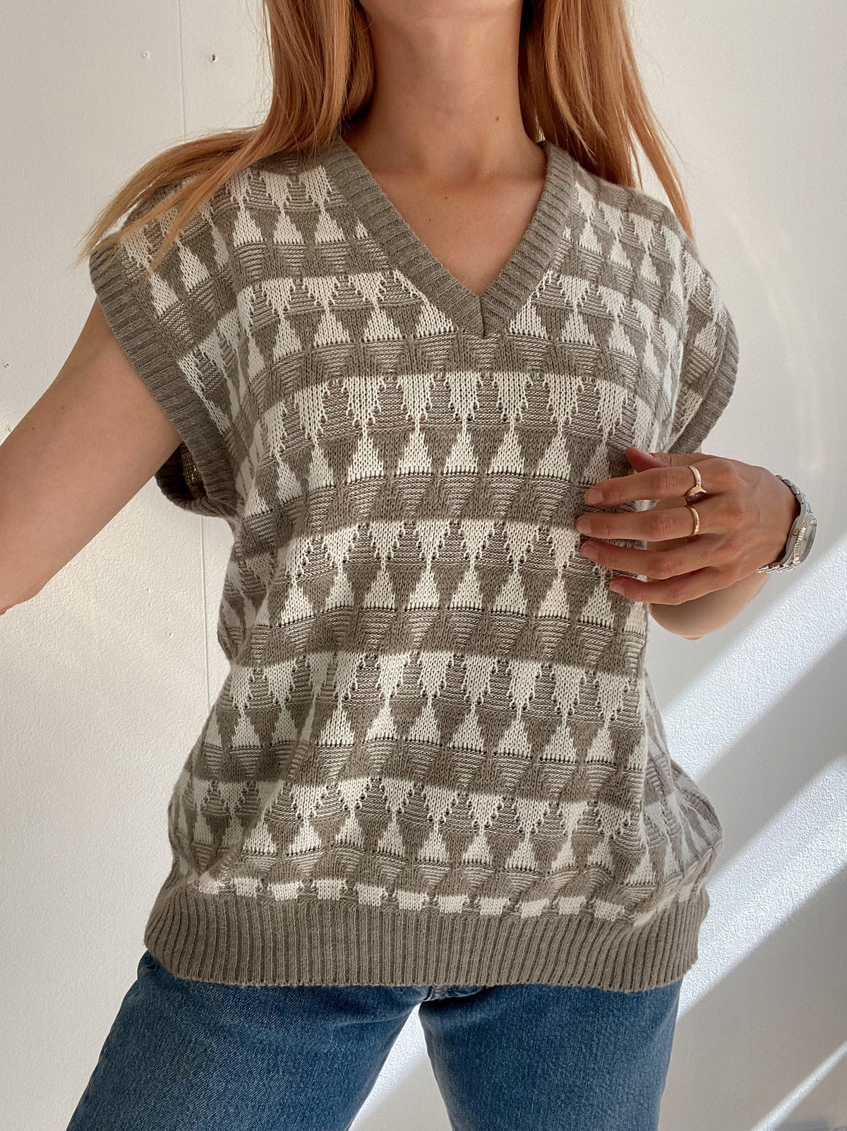 Gilet vintage sans manche en laine beige L