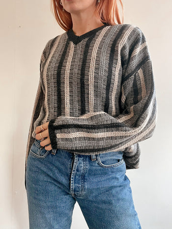 Pull vintage en maille  gris à rayures M