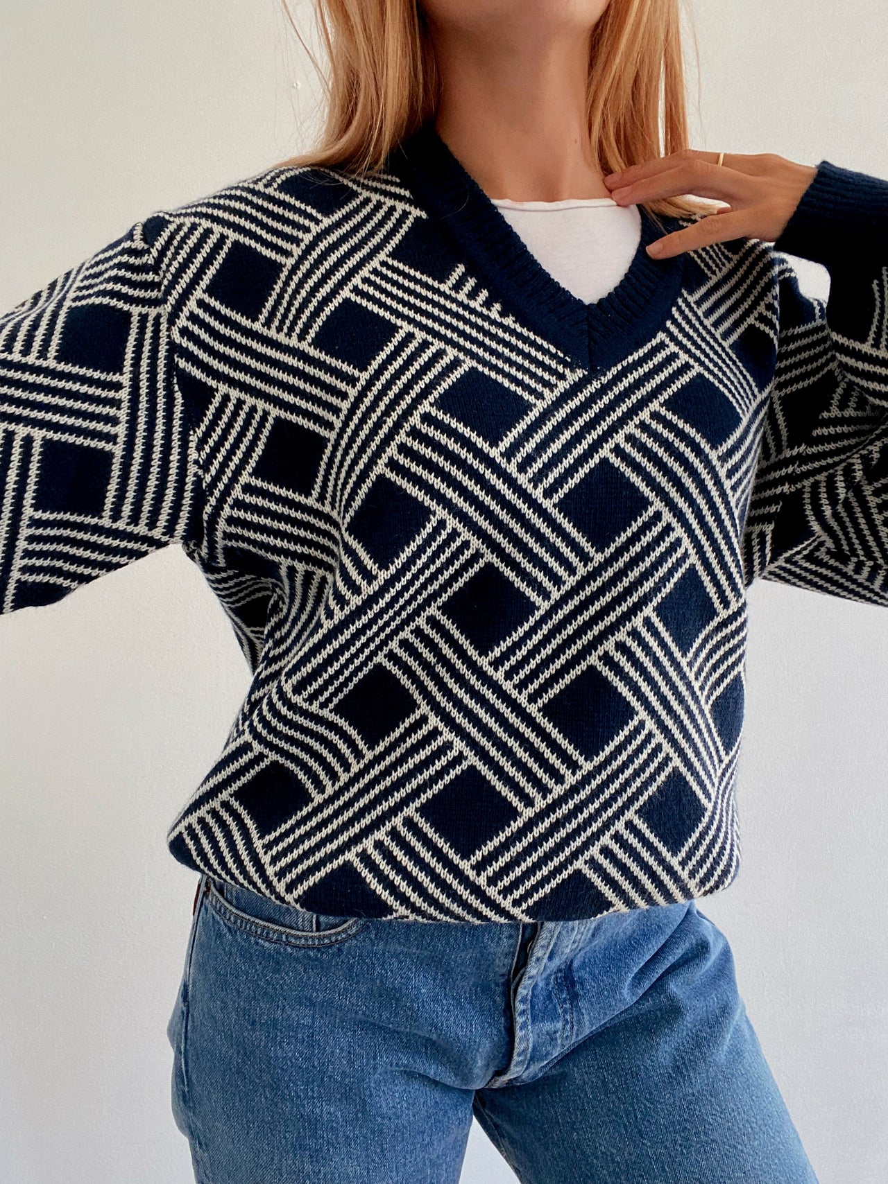 Pull vintage en laine bleu foncé et blanc M