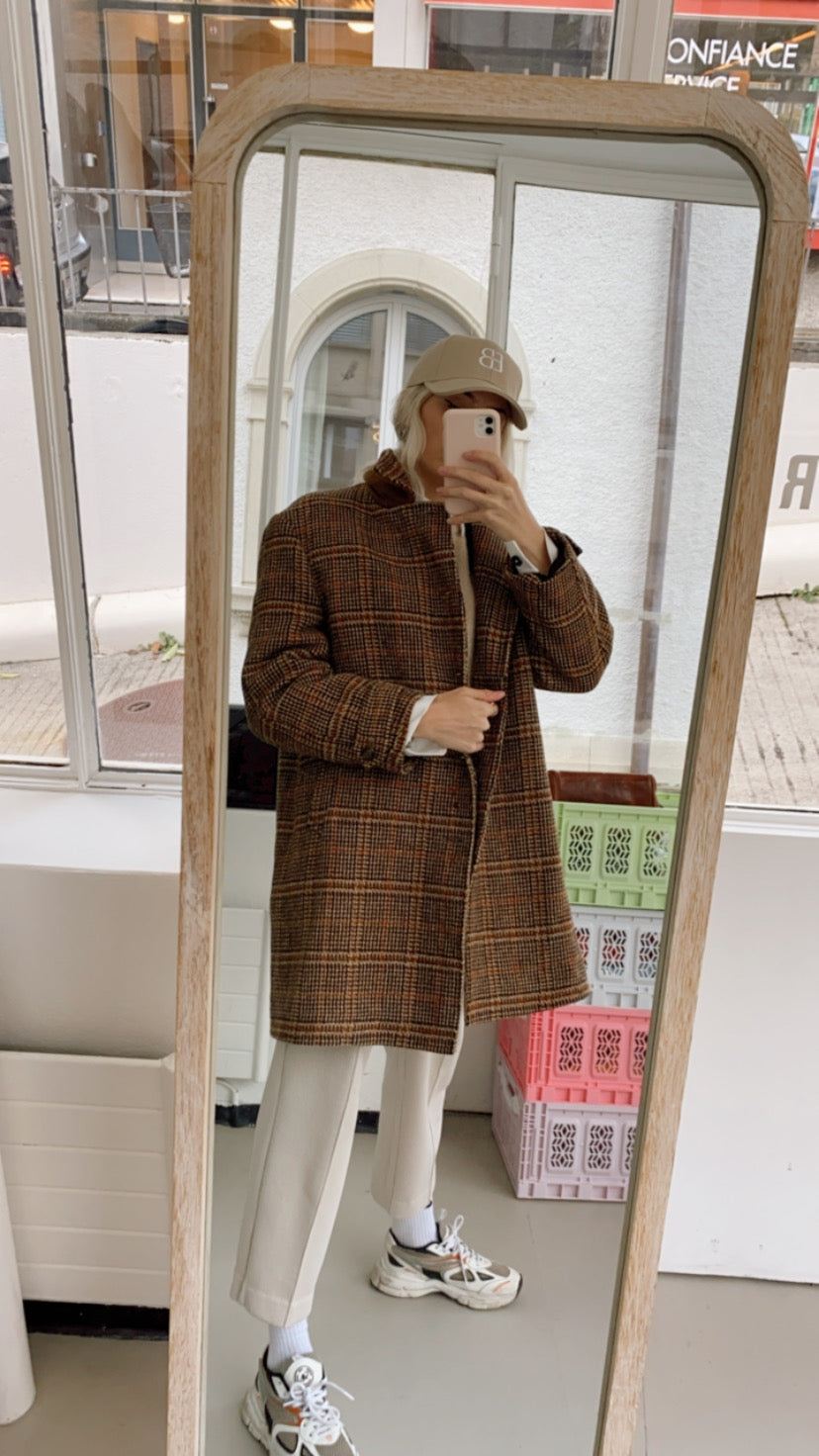 Manteau en laine à carreaux beiges M