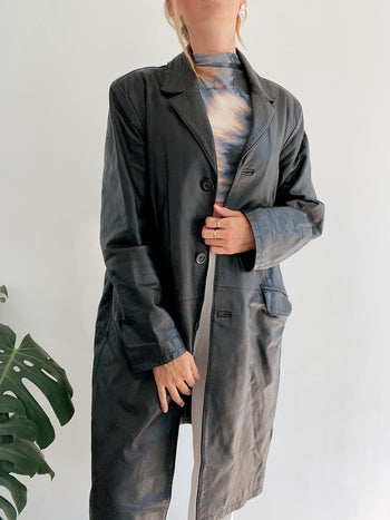 Trench en cuir mi-long noir L