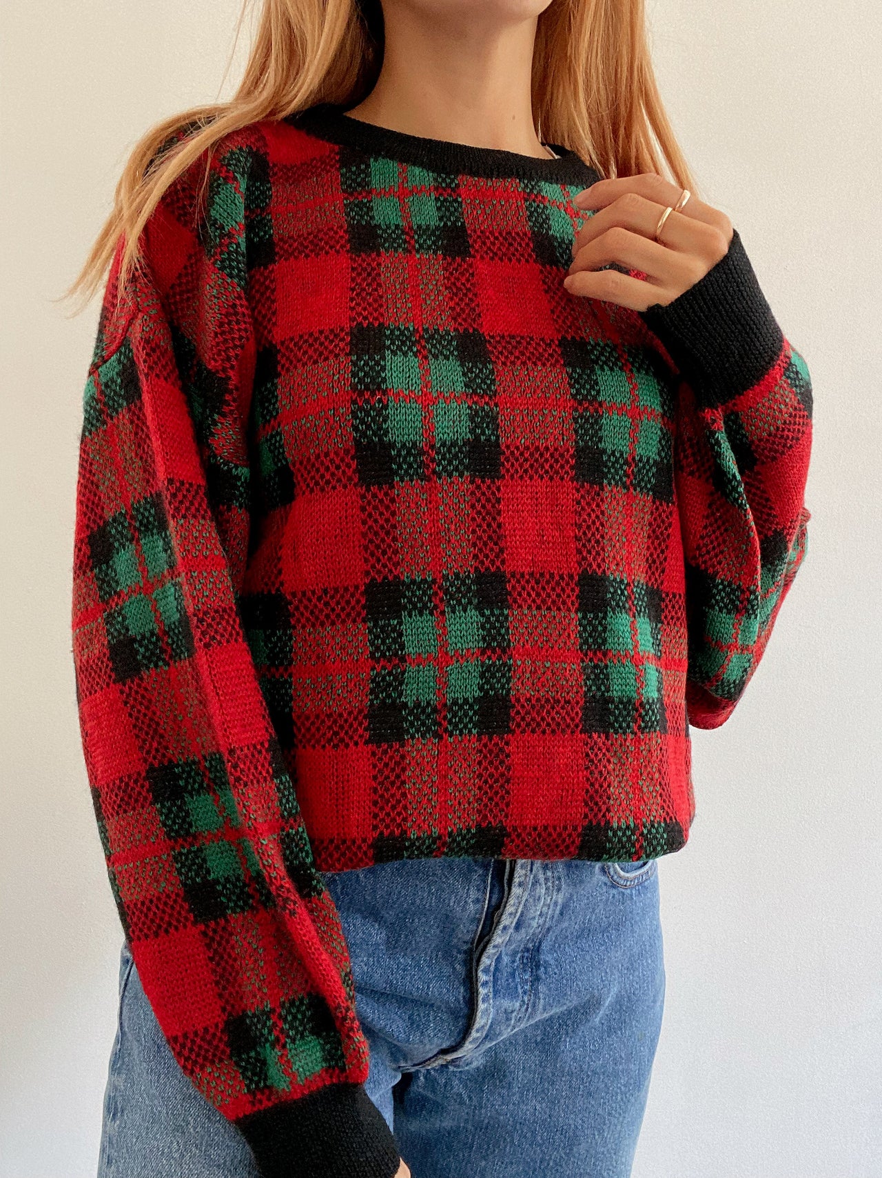 Pull vintage en laine rouge et vert