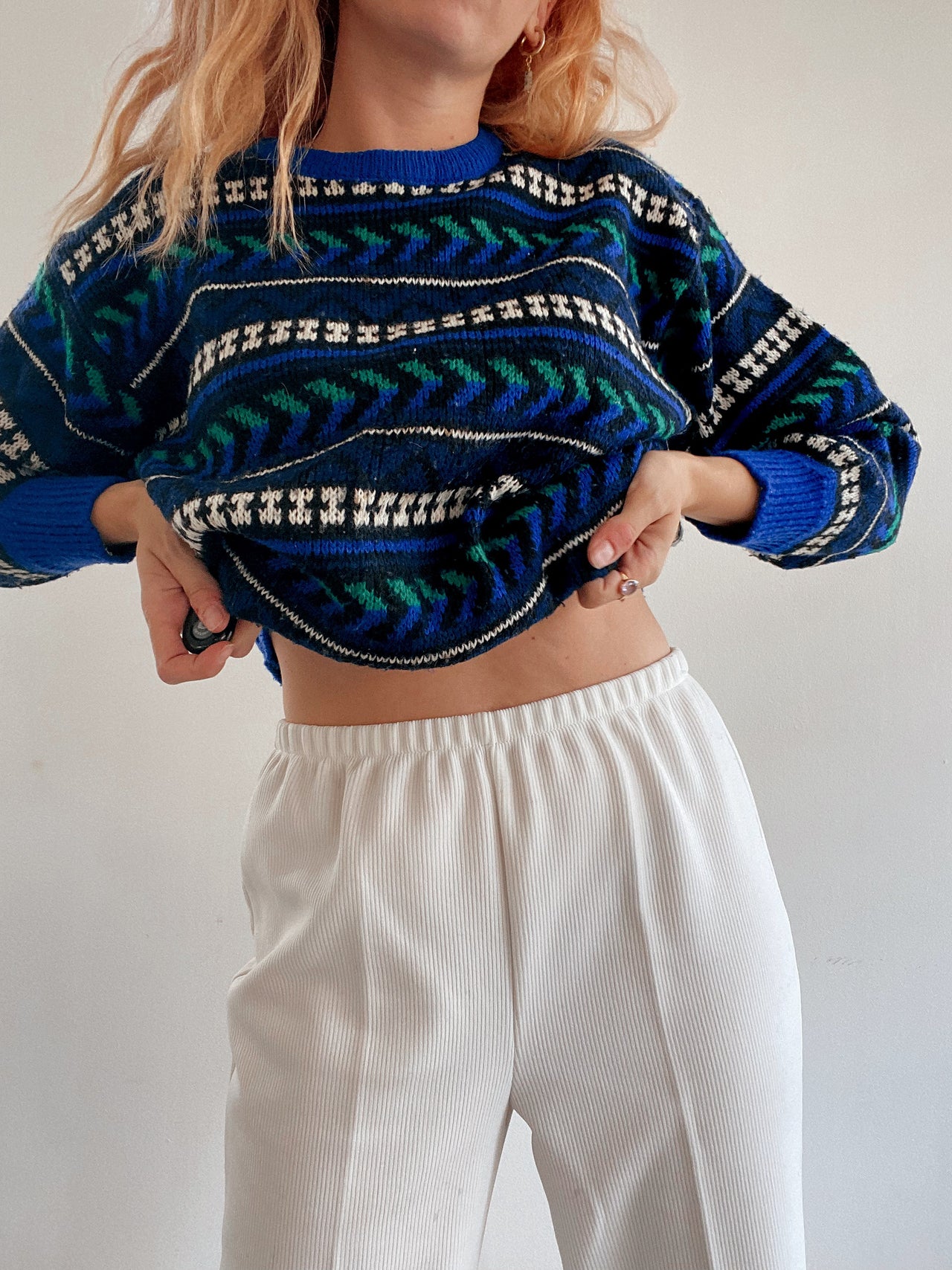 Pull vintage en laine bleu et noir   M