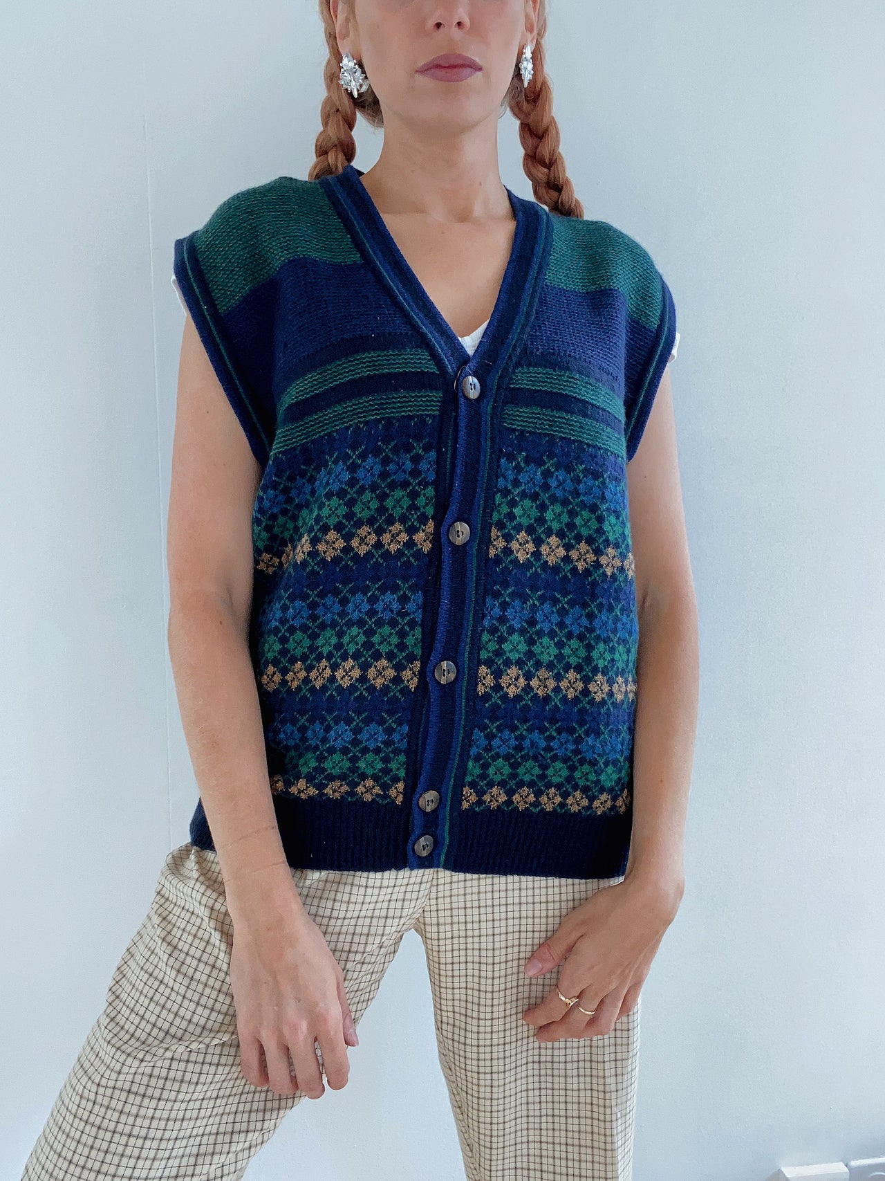 Gilet vintage en laine bleu foncé et vert L