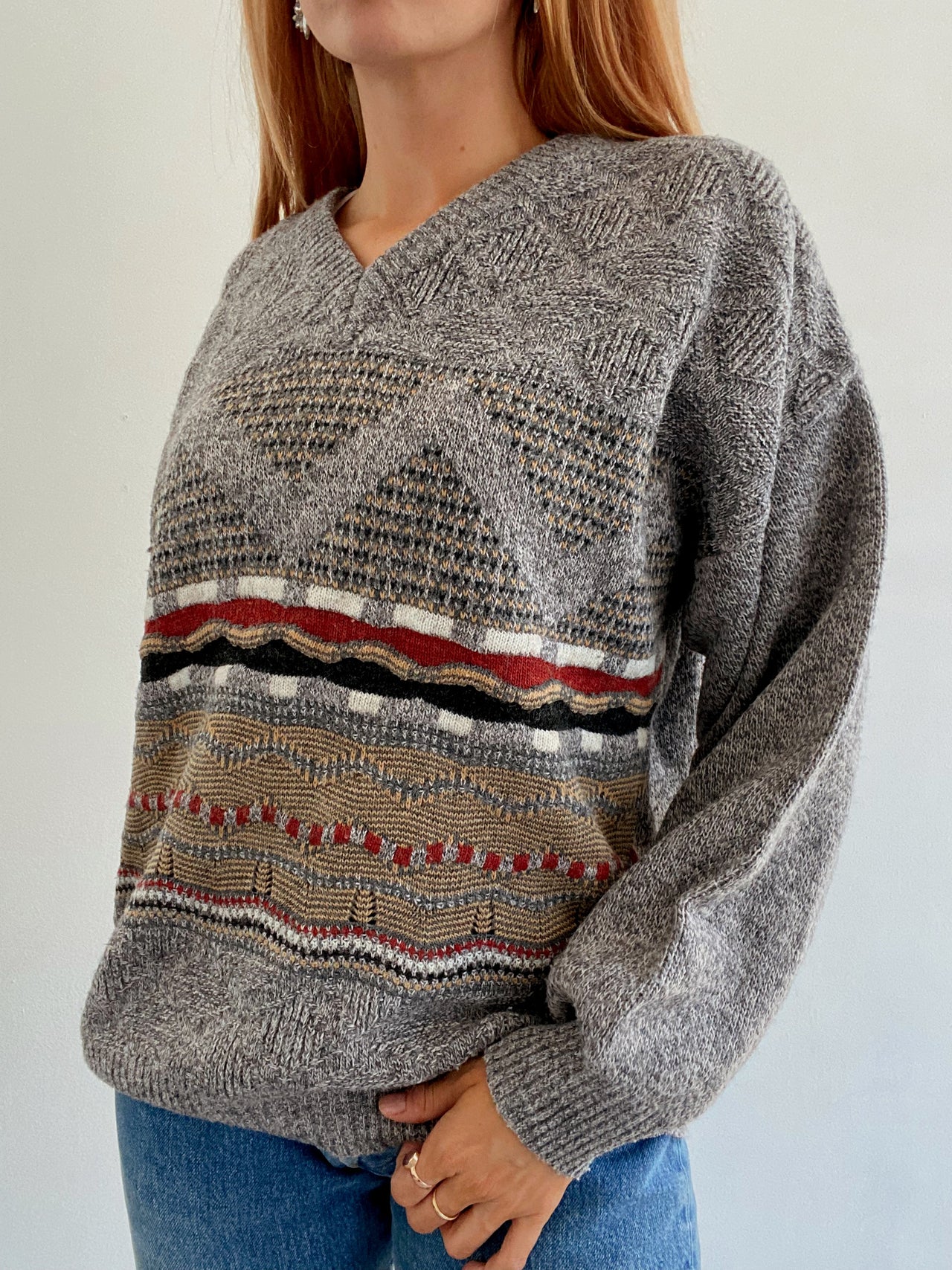 Pull vintage en laine gris clair L